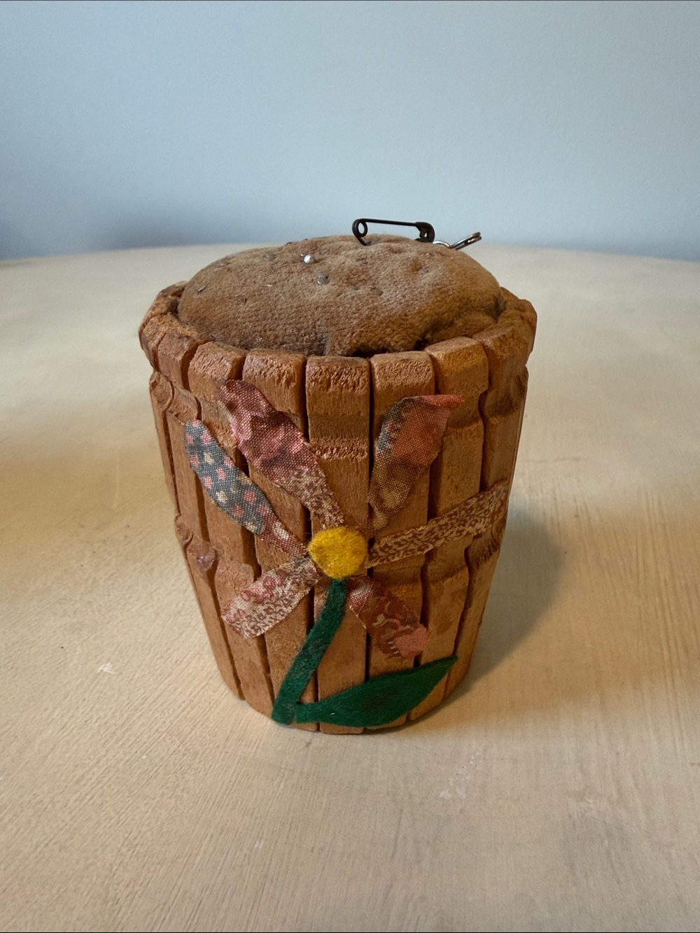 Cottage Core Handcrafted Wooden Barrel Pin Cushion with Floral Applique Vintage